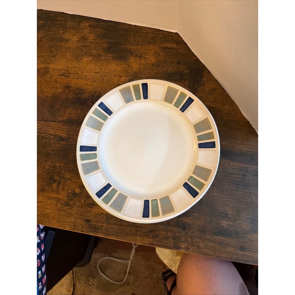 Food Network Salad Plate Stoneware Cream Blue Green Mosaic Tile Geometric 8.25in